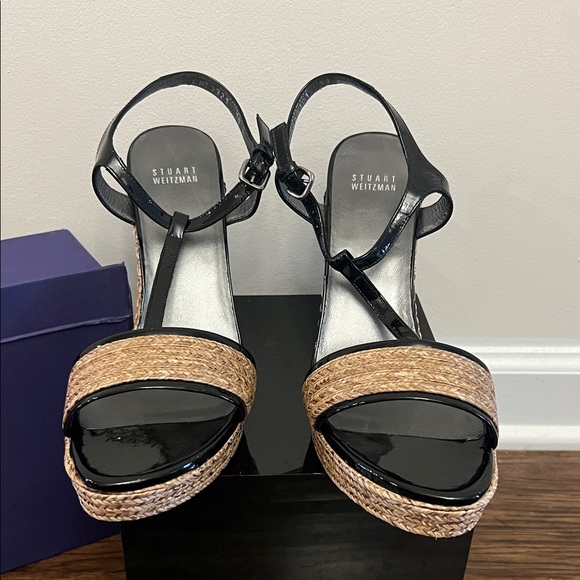 Stuart Weitzman Black Leather and Natural Raffia Wedge Sandals - Picture 2 of 6